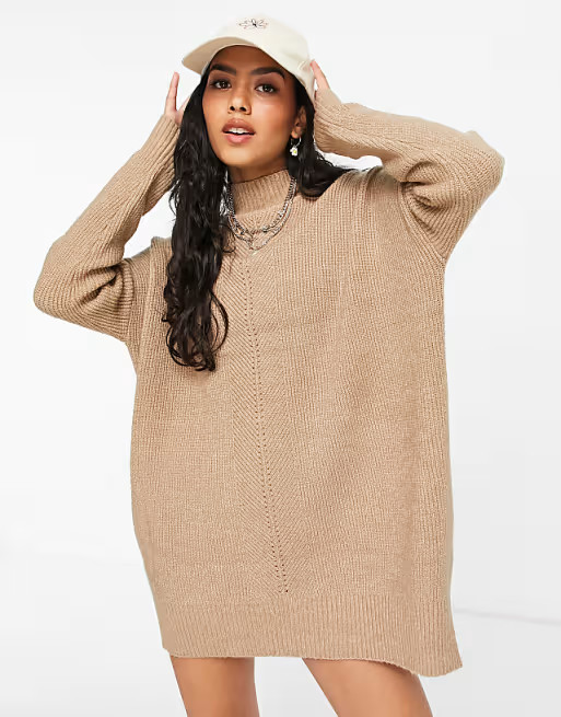 Miss Selfridge long sleeve longer line funnel neck sweater in camel | ASOS (Global)