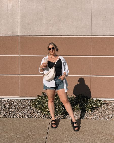 Casual midsize summer outfit 🤍Honeylove shaping tank top - L
White button up shirt - linked this year’s version 
Abercrombie denim shorts - sized up to 16 for a baggy fit
Chunky black sandals - TTS



#LTKcanada #LTKsummer #LTKmidsize