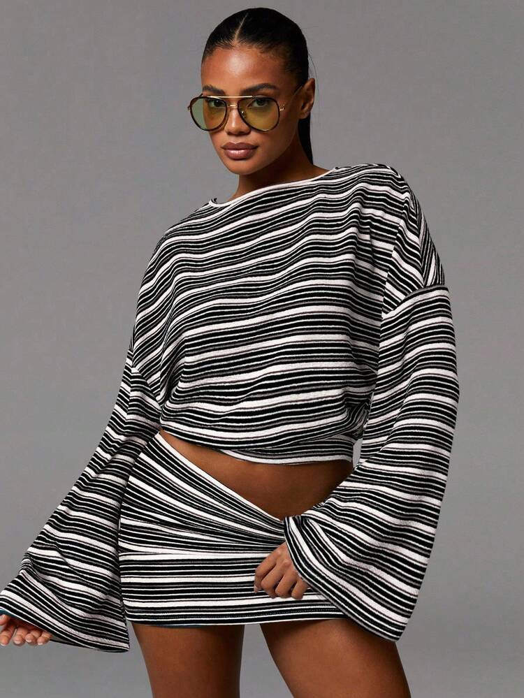 Athîral Women's Casual Commuter Striped Bell Sleeve Top | SHEIN