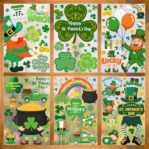 St Patricks Day Window Clings Stickers | 200Pcs St Patricks Clings Party Decorations Shamrock Rainbow Clovers Irish Holiday Craft Window Decal Indoor Outdoor Accessories Party Supplies Décor-8Sheets | Amazon (US)