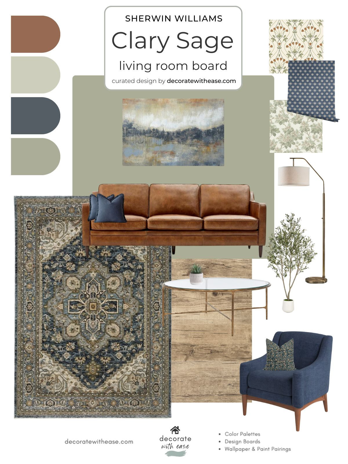 Clary Sage paint color from Sherwin Williams coordinates beautifully with dark blue and russet colors. This area rug pulls it all together along with the wall art, wallpaper, accent chair, and leather sofa. 

 #LTKHome #LTKSaleAlert
