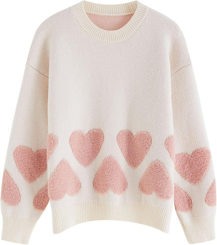 CHICWISH Women Oversized Sweaters Tender Fuzzy Heart Jacquard Crewneck Long Sleeve Fashion Pullov... | Amazon (US)