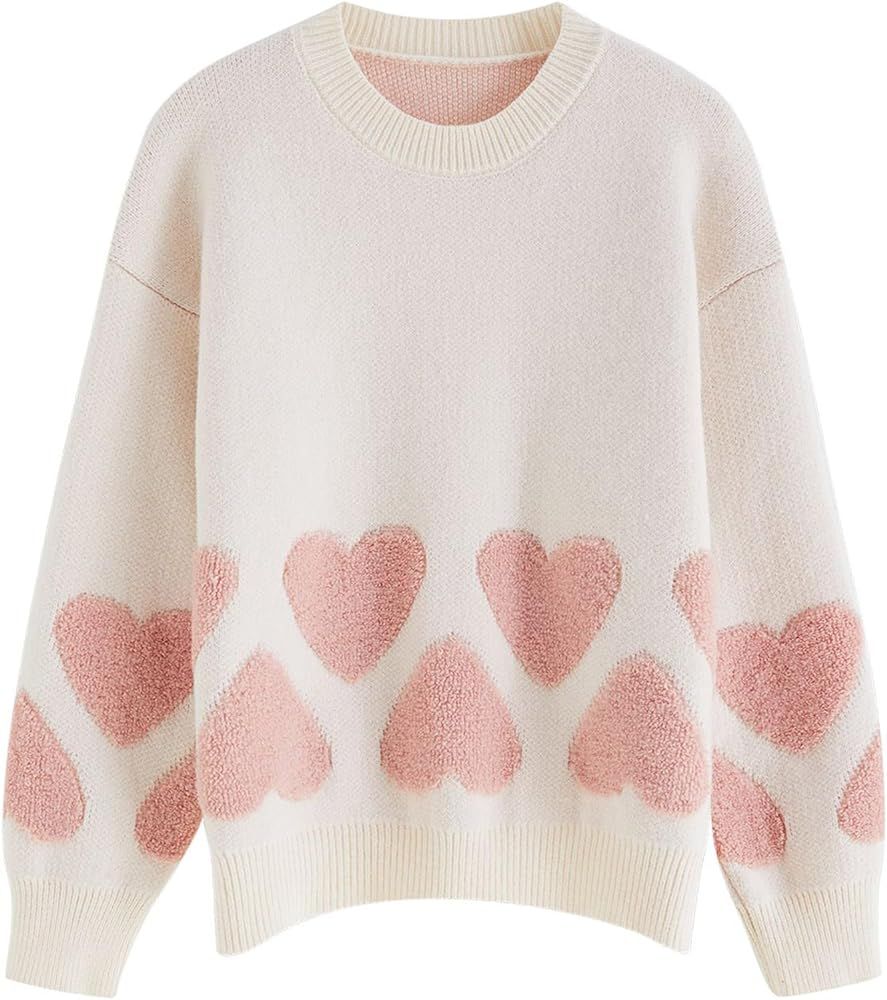 CHICWISH Women Oversized Sweaters Tender Fuzzy Heart Jacquard Crewneck Long Sleeve Fashion Pullov... | Amazon (US)