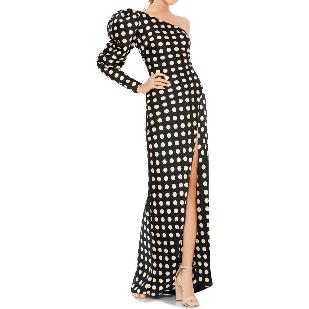 Mac Duggal One-Shoulder Polka Dot Sheath Gown in Black White at Nordstrom, Size 14 | Nordstrom
