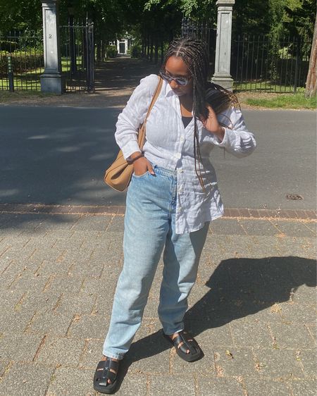 White linnen shirt with high waist mom jeans. Black chunky sandals 

#LTKeurope #LTKstyletip #LTKitbag