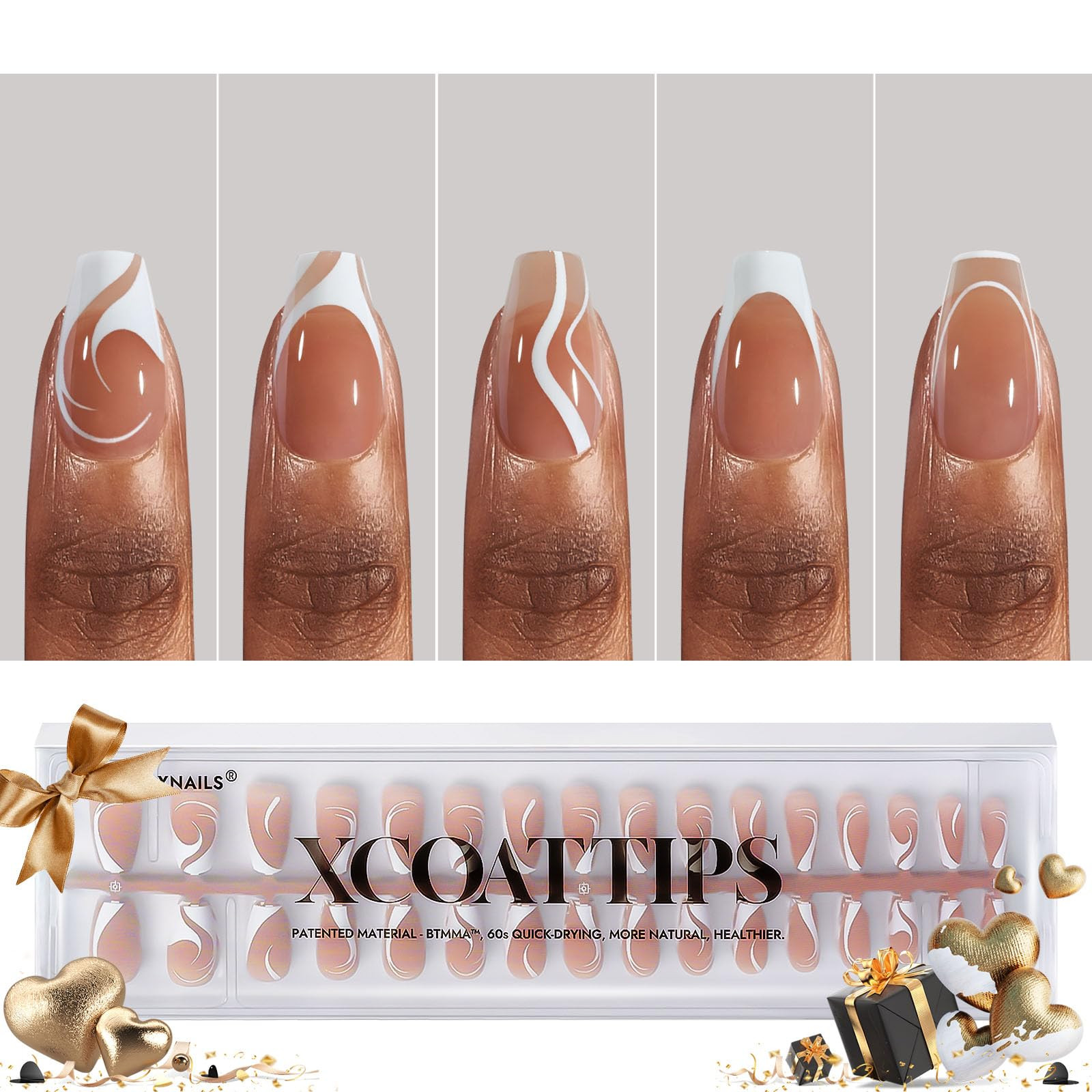 BTArtbox French Tip Press on Nails - 5 Styles XCOATTIPS Short Coffin Nails, Pre-Designed Swirl So... | Amazon (US)