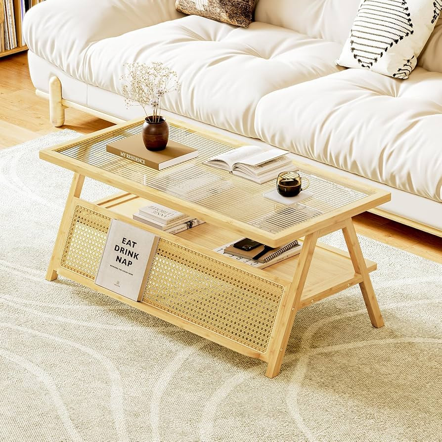 Bamworld Coffee Table with Storage Mid-Century Modern Coffee Table Boho BambooTable with Glass To... | Amazon (US)