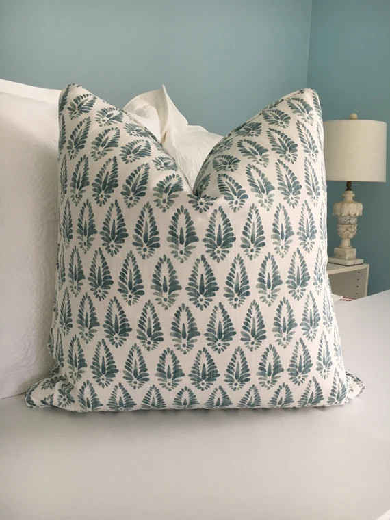 Lacefield Designs Agave Ariel in Aqua and white both sides designer pillow cover. Block print dec... | Etsy (US)