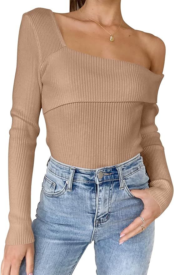 ANRABESS Women's Long Sleeve Off Shoulder Crop Top Ribbed Knit Slim Fit Casual Solid Pullover Swe... | Amazon (US)