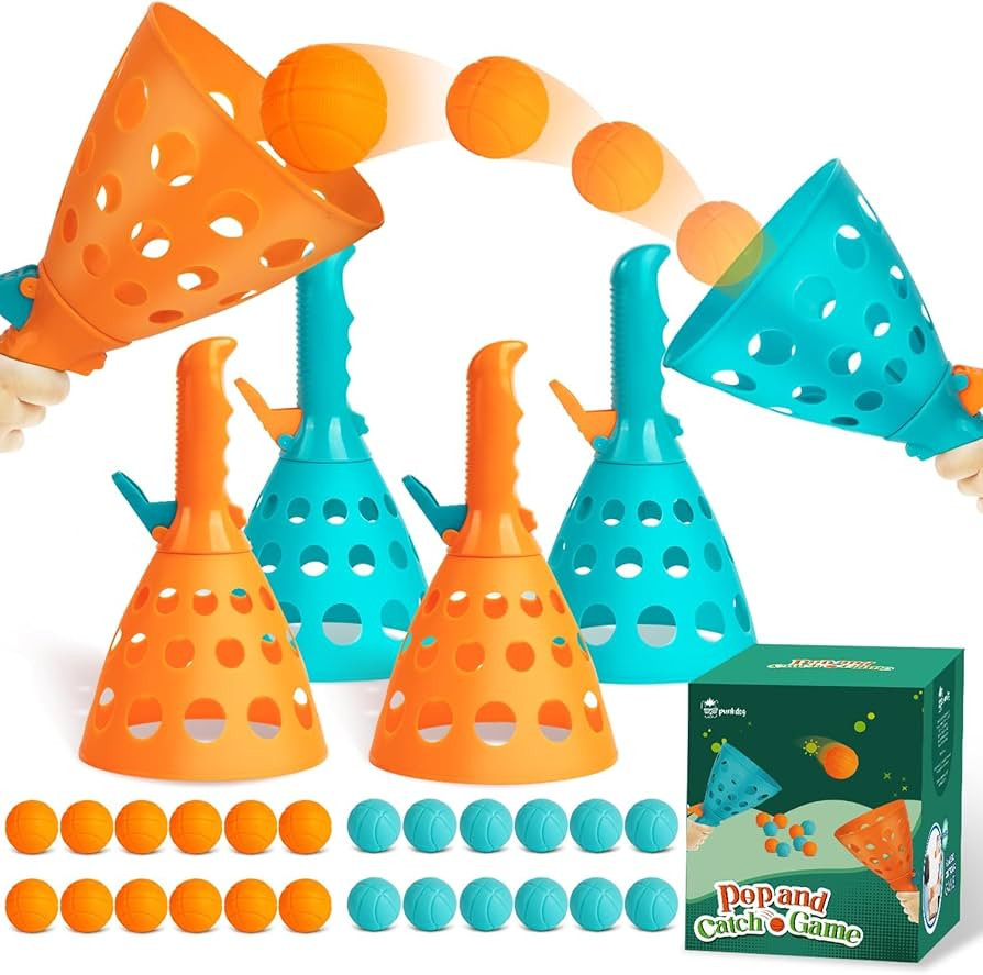 Pop and Catch Ball Game with 24 Balls and 4 Catch Launcher Baskets - Outdoor Indoor Game Activiti... | Amazon (US)
