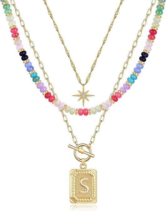 MJartoria Layered Initial Necklaces for Women | 14K Gold Plated Brass, Star Choker, Colorful Bead... | Amazon (US)