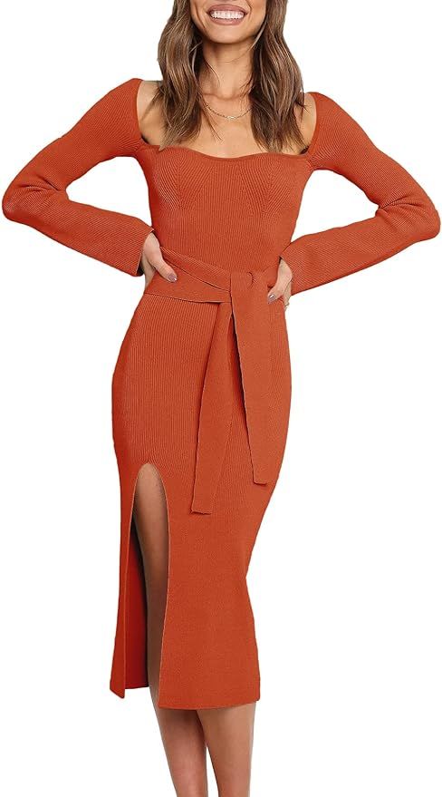 Prinbara Women's Sweater Dress 2023 Fall Long Sleeve Sweetheart Neck Tie Waist Slim Knit Midi Bod... | Amazon (US)