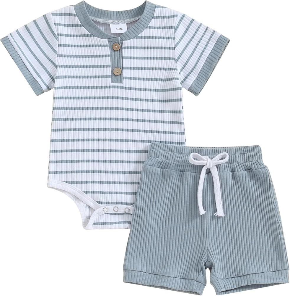 Newborn Baby Boy Girl Clothes Set Ribbed Short Sleeve Striped Romper Top Solid Color Shorts Sets ... | Amazon (US)
