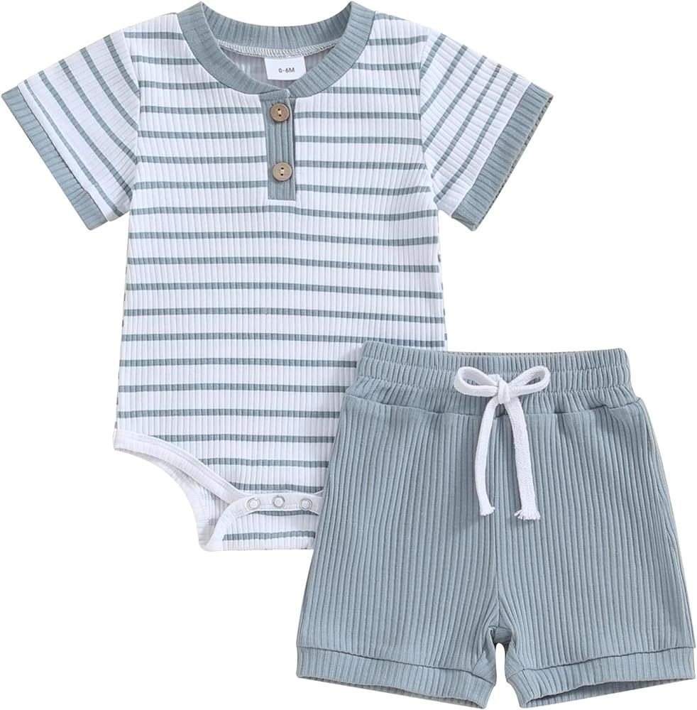 Newborn Baby Boy Girl Clothes Set Ribbed Short Sleeve Striped Romper Top Solid Color Shorts Sets ... | Amazon (US)