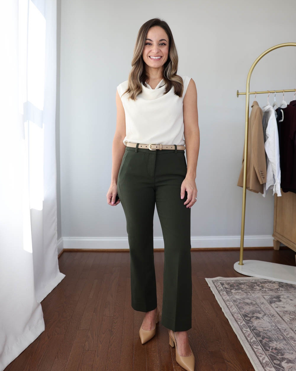 Petite-friendly neutral sleeveless tops for the office that you can layer under blazers, cardigans and sweaters!

Outfit 1:
Ivory draped top (Quince): xs
Olive green pants (J.Crew): these have a 9.5” rise and a 25.5” inseam. They run slim across the hips, I recommend a size up if you’re curvy.
Belt (Quince)
Shoes (Sam Edelman): tts

Outfit 2:
Sleeveless Poplin Top (JCrew Factory): xxs
Navy skirt (Aritzia): xs
Beige tote bag (Quince)
Shoes (Sam Edelman): tts

Outfit 3:
Pants (LOFT): petite 00 
Top (Abercrombie): xxs 
Brown tote (Quince)
Chocolate brown heels (Sam Edelman): true to size

For size comparison, I’m 4’10” 105lbs. My measurements are 32”, 24”, 36”. I typically wear petite xxs/00/24 and have a 25” ankle inseam and a 27.5-28” full length inseam.