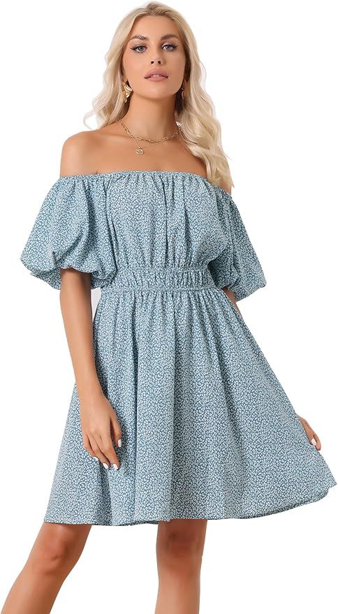 Allegra K Women's Off The Shoulder Mini Dresses Puff Sleeve 2024 Summer Floral Dress | Amazon (US)