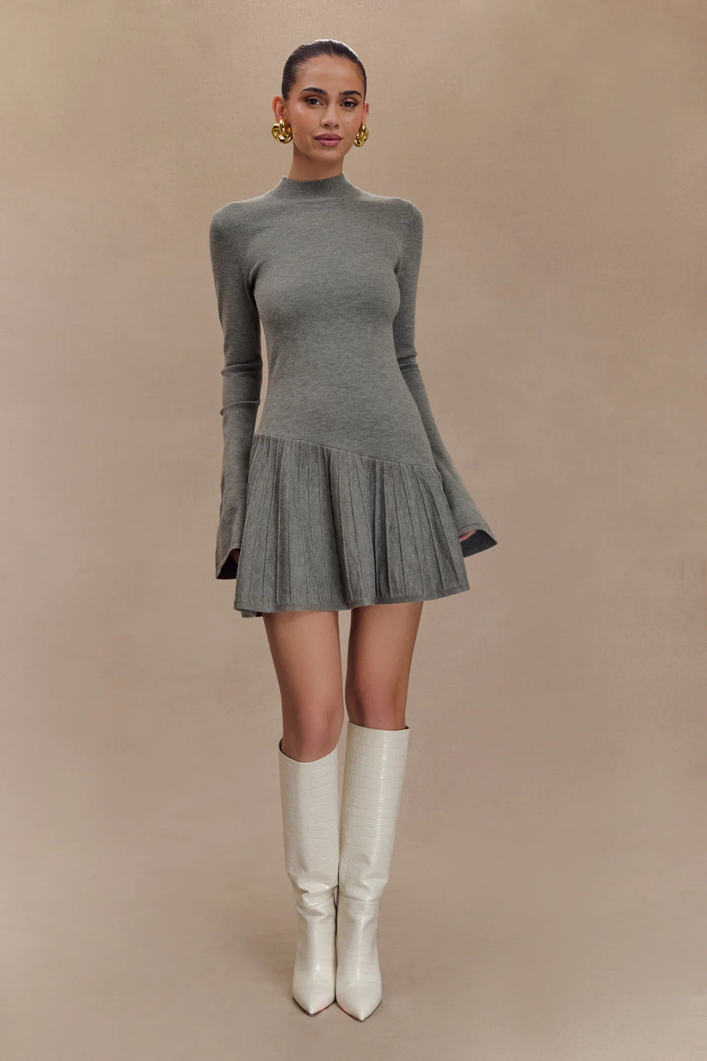 Blair Knit Mini Dress With Pleats - Charcoal | MESHKI US