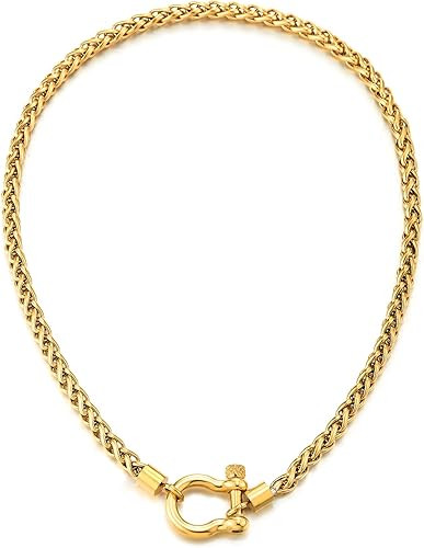 COOLSTEELANDBEYOND Mens Women Stainless Steel Wheat Chain Necklace With Horseshoe Shackle Clasp, ... | Amazon (US)