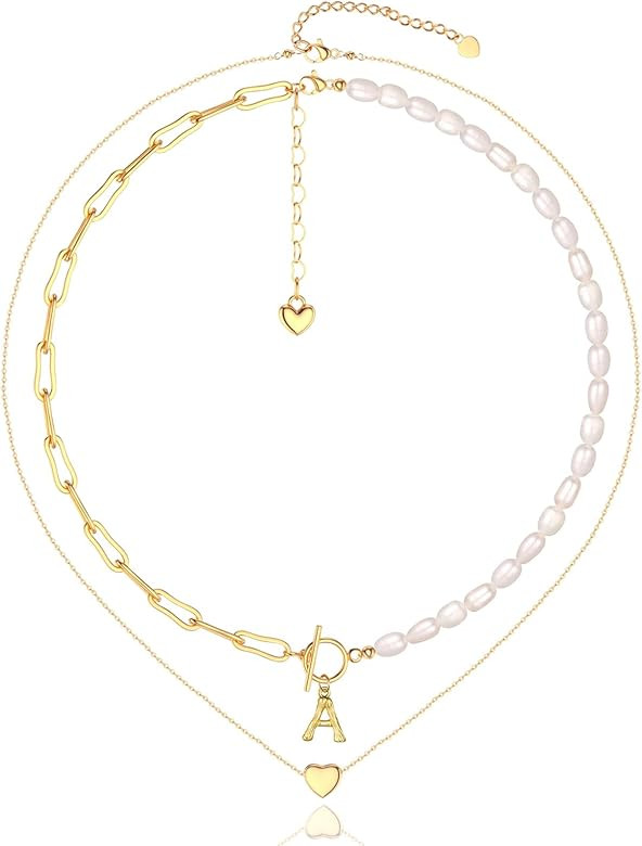 Nifsun Gold Initial Pearl Necklace for Women 14K Gold Plated Paperclip Link Chain Necklace Choker... | Amazon (US)