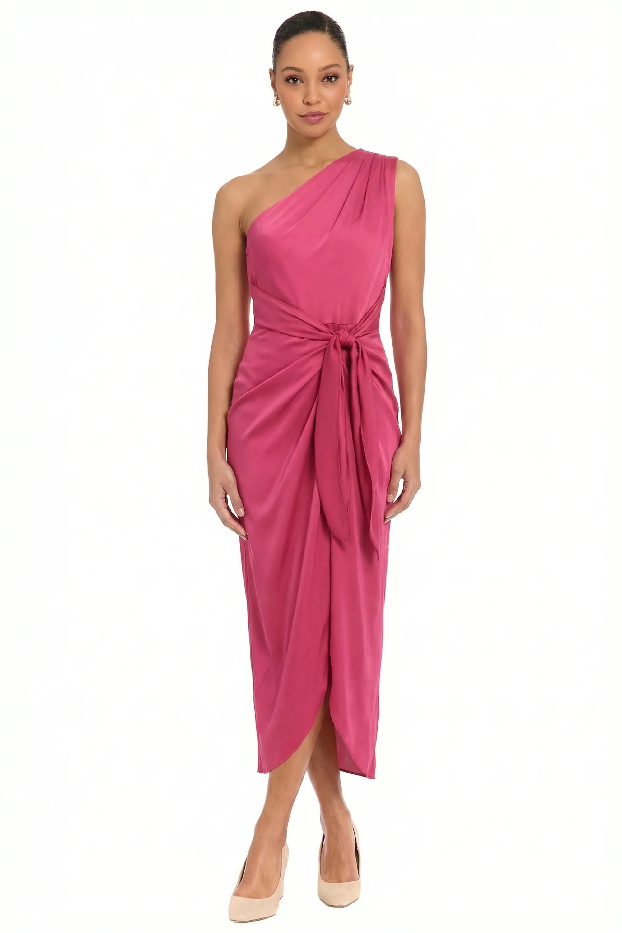 ONE SHOULDER DRAPED SKIRT WITH WAIST TIE | Maggy London