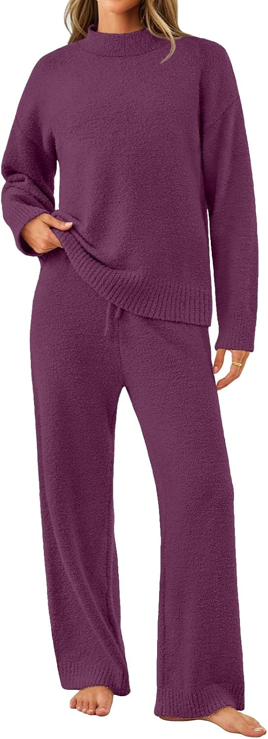 Pajama Sets for Women Mock Turtleneck Fuzzy 2 Piece Long Sleeve Fleece Warm Loungewear Knit Cozy Fall Winter Outfits | Amazon (US)