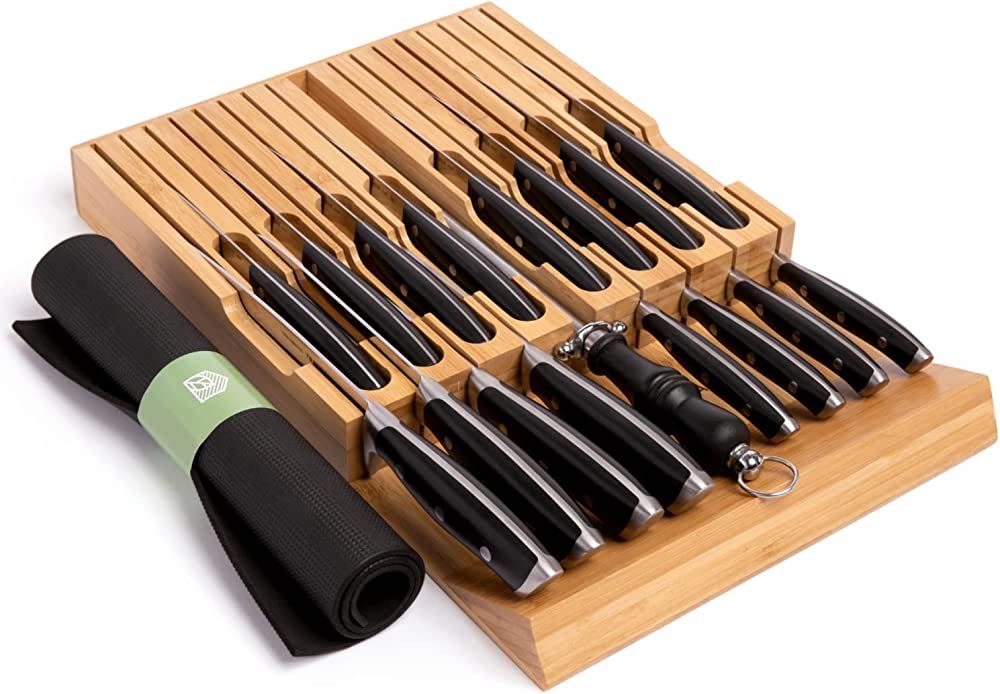 Drawer Knife Organizer - Bamboo Knife Block Insert - Holds 16 Knives + 1 Knife Sharpener (Knives ... | Amazon (US)