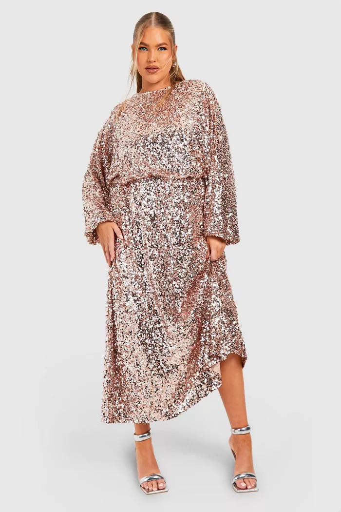 Plus Sequin Puff Sleeve Midi Dress | boohoo (US & Canada)