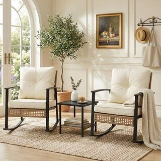3-Piece Metal Rocking Bistro Outdoor Patio Conversation Set with Cushions and 2-Tier Coffee Table in Beige Cushion | The Home Depot