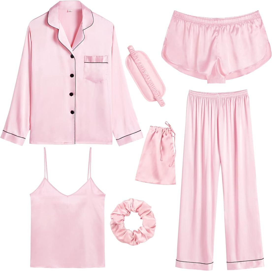 SWOMOG Women's 7 Pcs Silk Satin Pajamas Set Long Sleeve Button Down Sleepwear Cami Shorts Pjs Set... | Amazon (US)