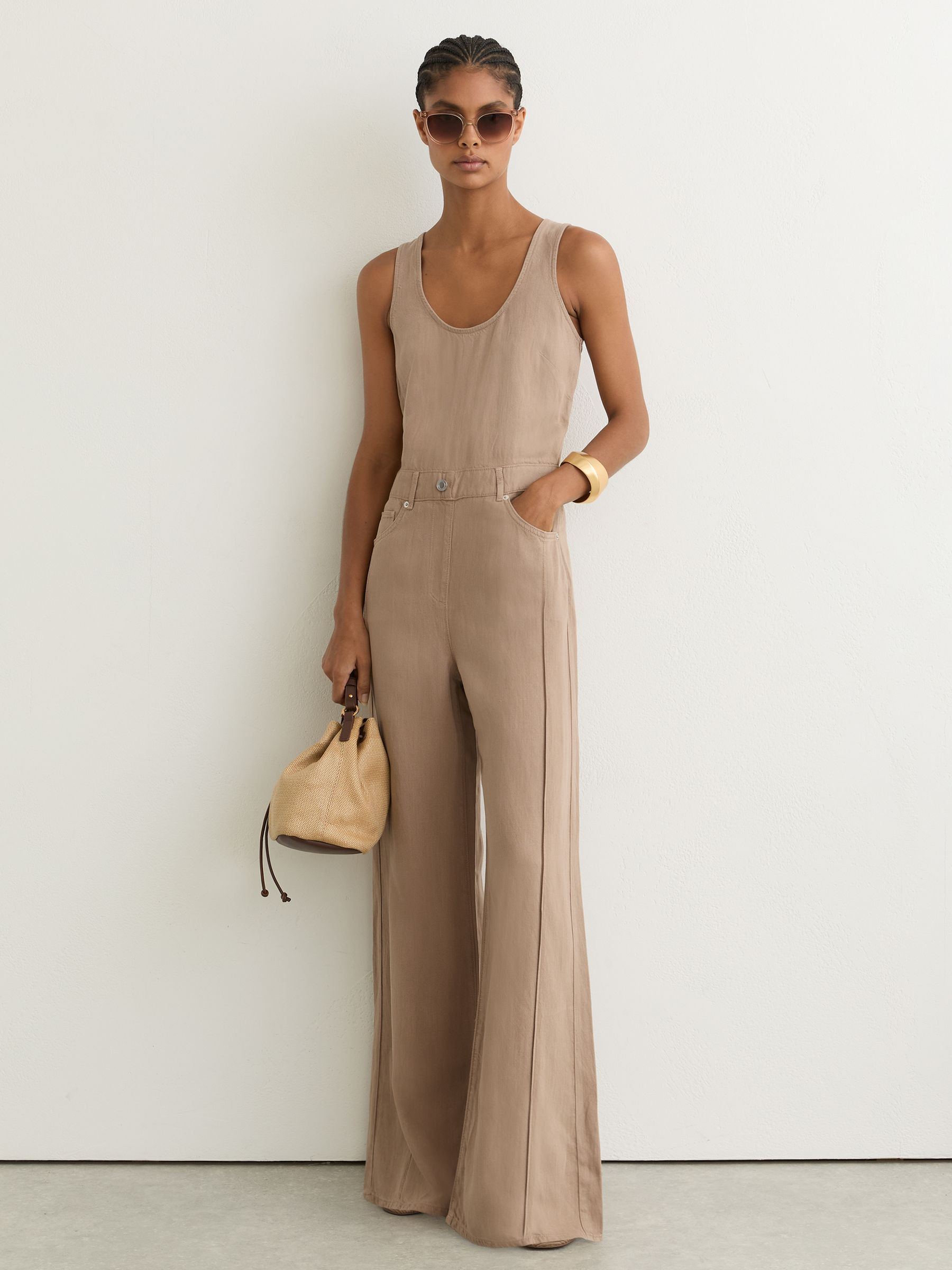 Reiss Lyocell-Linen Wide-Leg Jumpsuit in Taupe Neutral - REISS | Reiss UK