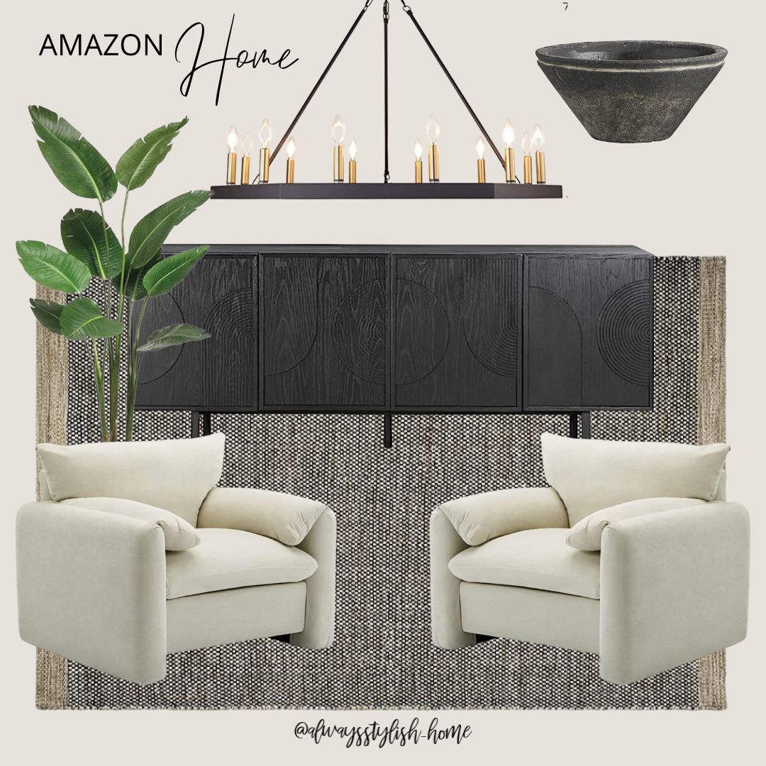 living room inspo, cream accent chairs, black wood sideboard, modern wagon wheel chandelier, blac... | Amazon (US)