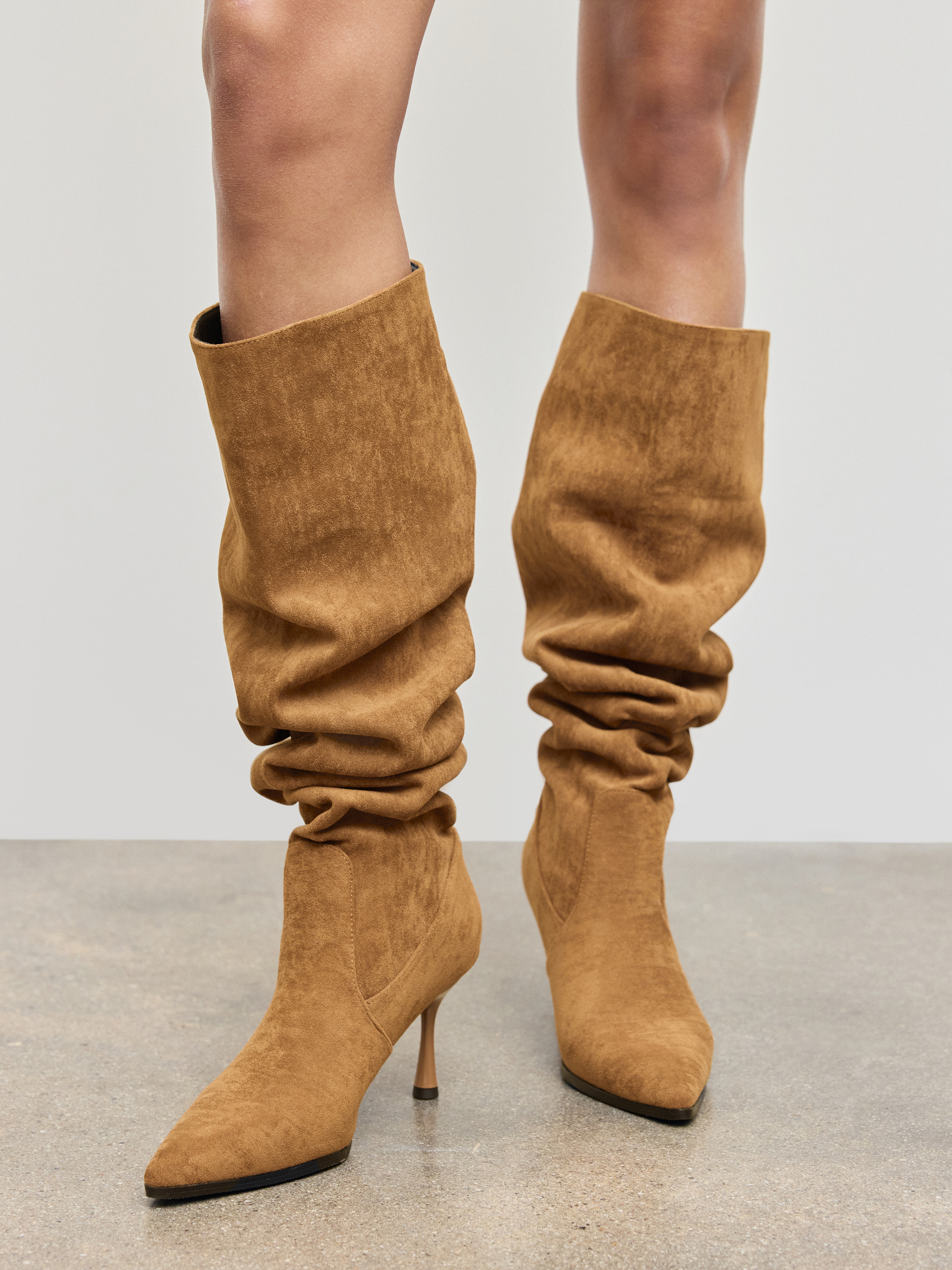 SUEDE STILETTO RUCHED KNEE HIGH BOOTS For Daily Casual Coffee Shop Work | Cider