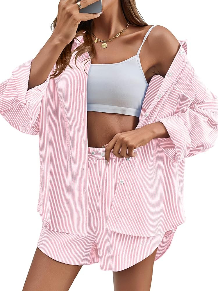 Tankaneo Womens 2 Piece Outfits Striped Sets Long Sleeve Button Down Blouse and Shorts Tracksuit ... | Amazon (US)