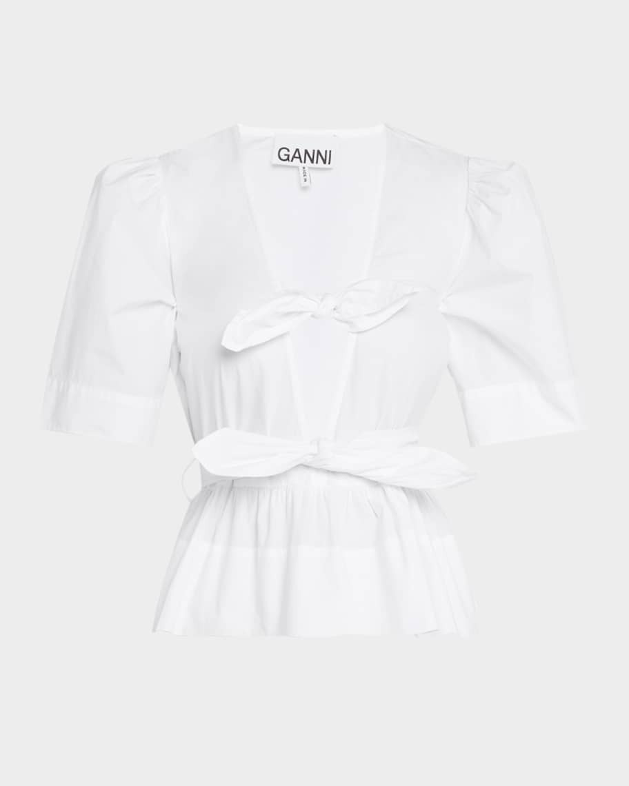 Ganni Stretch Cotton Tie-Front Blouse | Neiman Marcus