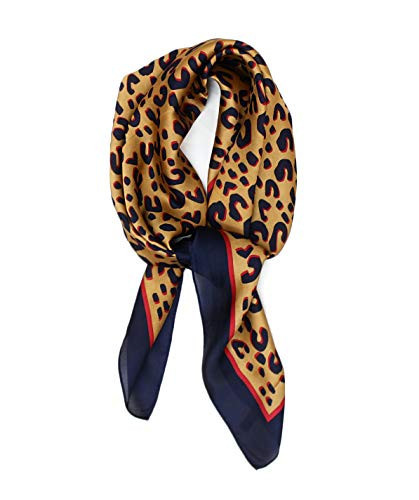 Big Square 70cm x 70cm Ladies Womans Faux Silk Head Neck Scarf - Leopard Animal Print with Navy Red Borders | Amazon (UK)
