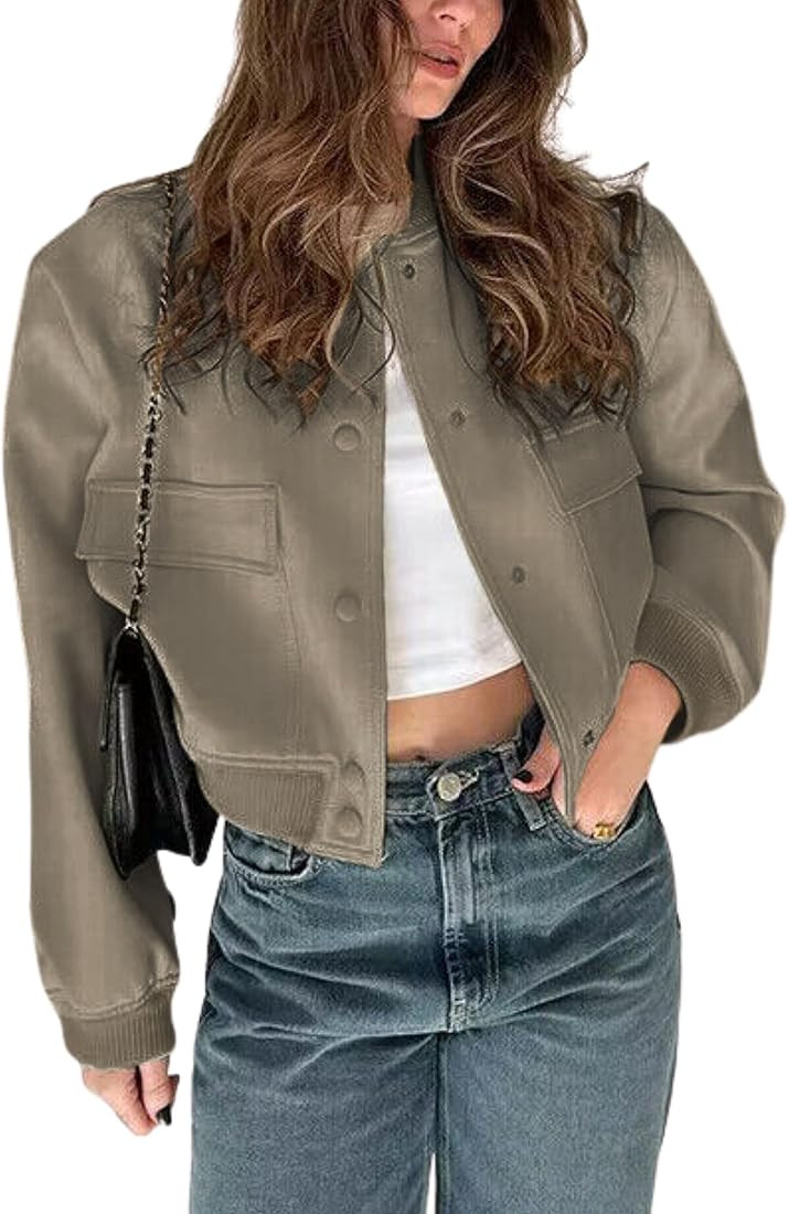 Athlisan Womens Cropped Bomber Jacket Casual Button Down Varsity Baseball Jacket with Pockets | Amazon (US)