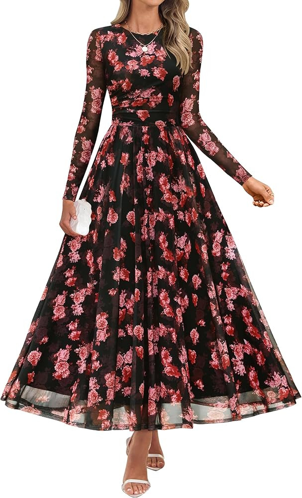ZESICA Women's Maxi Dress 2025 Fall Long Sleeve Crewneck Floral Print Mesh Ruched Party Wedding G... | Amazon (US)