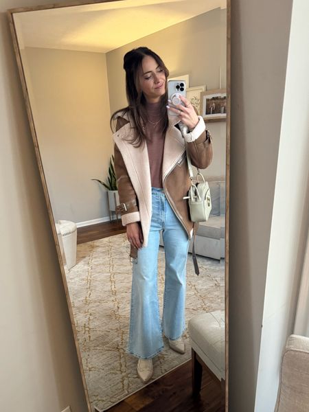 bell bottom jeans, girls night outfit 

Jacket is last season ALF, linking current version and similar options. 

Jeans: 26 
Jacket: small 
Bodysuit: medium 
Boots: TTS