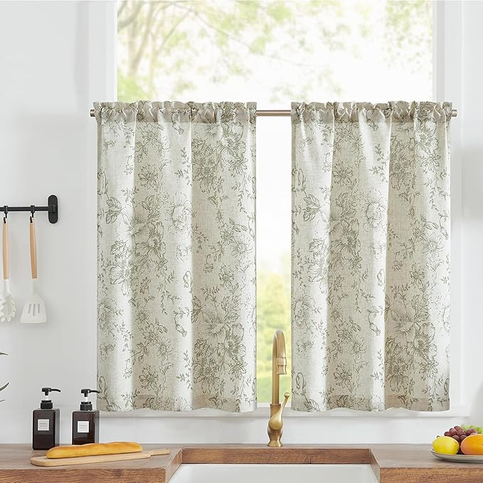 TOPICK Linen Blend Green Floral Kitchen Curtains 24 Inch Drop Small Cafe Curtains Light Filtering... | Amazon (UK)