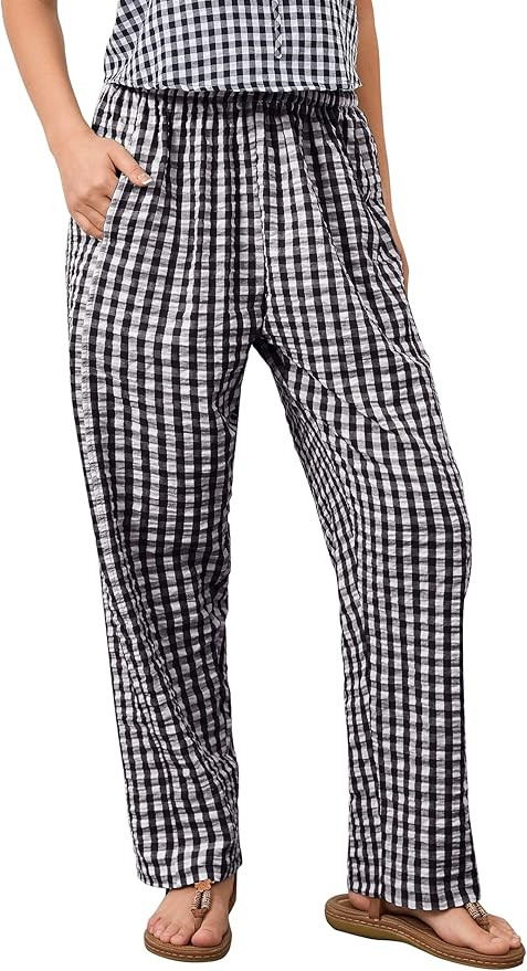 Livtany Women's Mid-Rise Plaid Wide Leg Lounge Long Pant Classic Gingham Print Stretchy Elastic W... | Amazon (US)