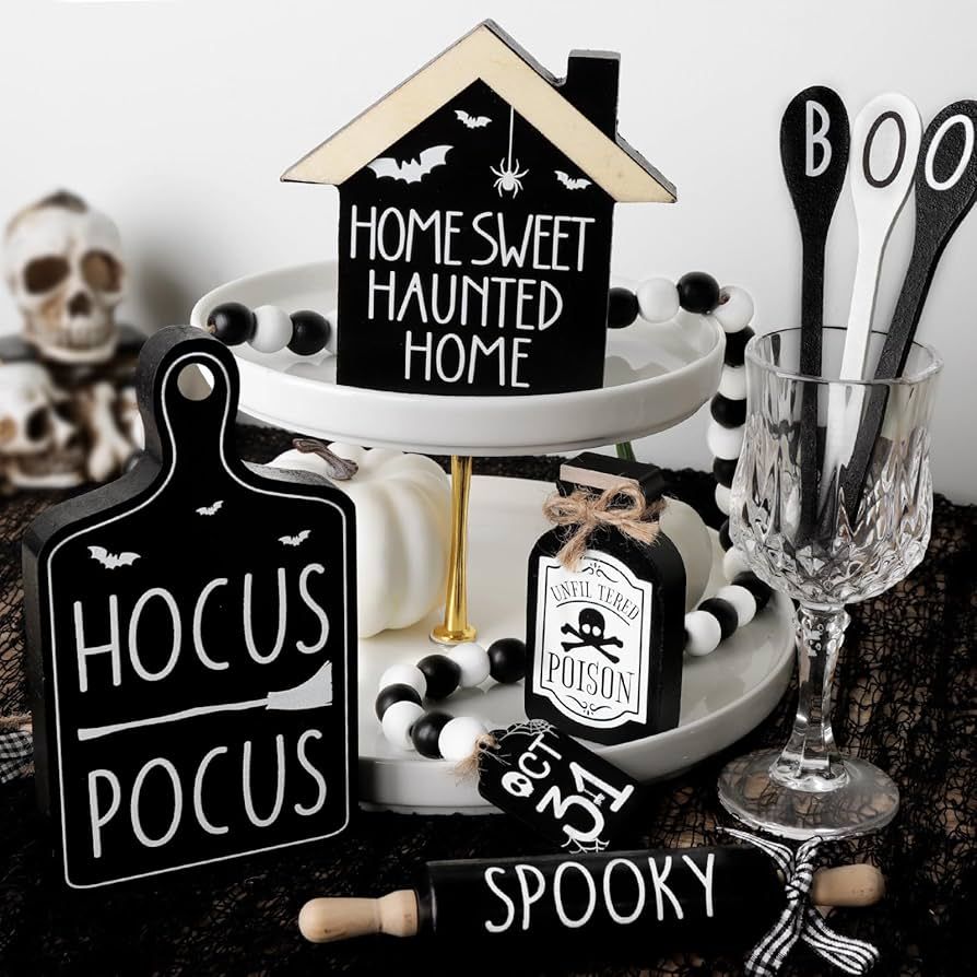 Halloween Table Decorations Indoor: 8ct Halloween Kitchen Tiered Tray Decor, Mini Black White Woo... | Amazon (US)