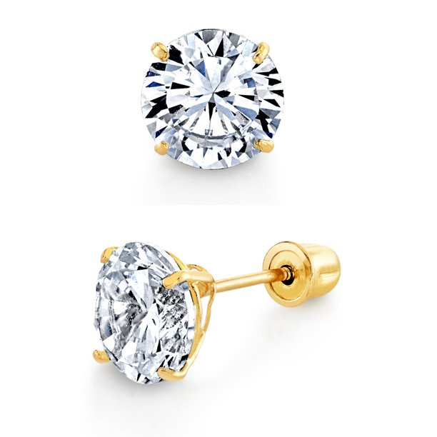14K Solid Gold Round Stud Earrings Screwback Cubic Zirconia CZ | Walmart (US)
