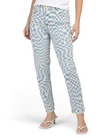 Frayed Hem Mom Jeans With Checkered Swirl Pattern for Women | Spandex/Cotton | Marshalls