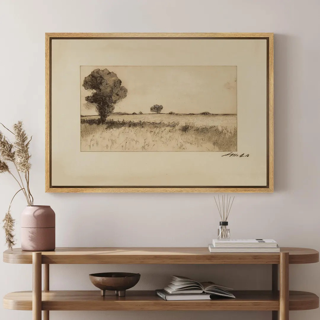 Minimalist Landscape Line Art, Framed Vintage Field Sketch With Trees Canvas Print, Sepia Ink Dra... | Etsy (US)