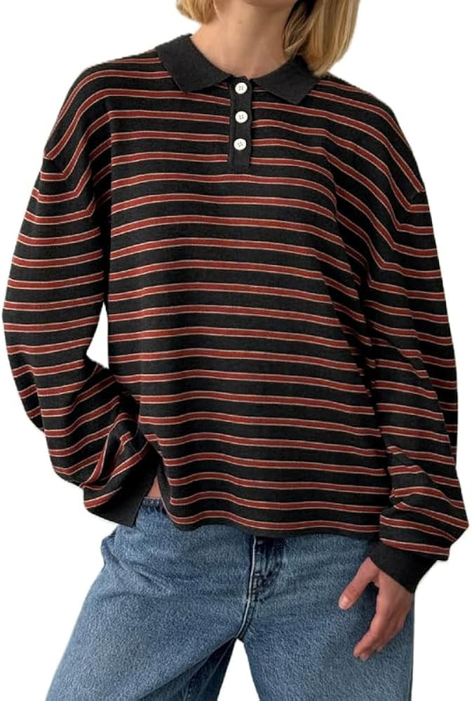 NUFIWI Womens Striped Rugby Polo Shirts Stripes Lapel V Neck Oversized Sweatshirts Y2K Loose Fit ... | Amazon (US)