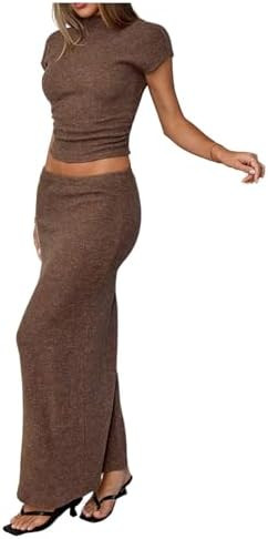 MakeMeChic Women's 2 Piece Knit Outfit Mock Neck Short Sleeve Crop Top and Maxi Skirt Matching Se... | Amazon (US)