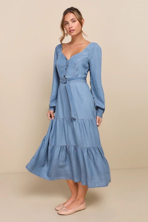 Prettiest Dear Blue Chambray Long Sleeve Midi Dress With Pockets | Lulus