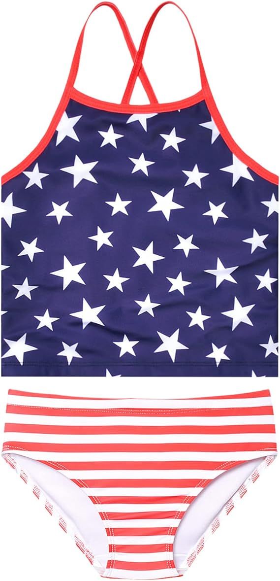 QPANCY 4th July Swimsuits for Girls American Flag Bathing Suits Kids Beach Outfit | Amazon (US)