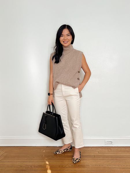 Fall casual outfit, LOFT, transitional outfit, teacher outfit idea, casual work outfit: taupe sleeveless sweater (XS), taupe sweater vest, off white jeans (27P), high waisted kick crop jeans, Fendi 2Jours tote, structured black tote, similar leopard flats.

#LTKSeasonal #LTKunder50 #LTKworkwear