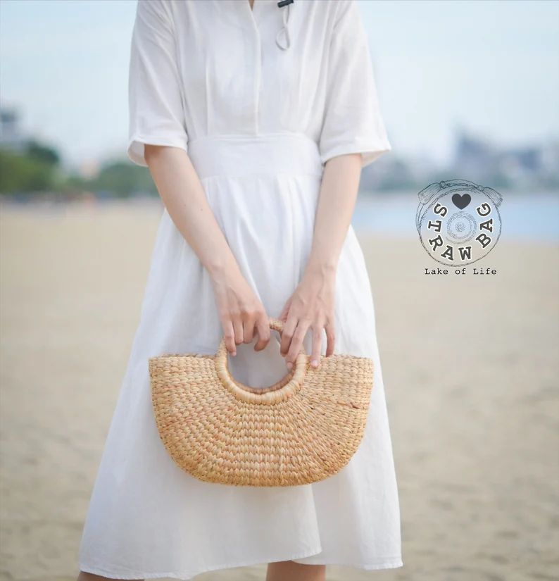 Free tassels • Beach bag • Straw bag • Weaving seagrass top handle bag • handmade bag •... | Etsy (US)